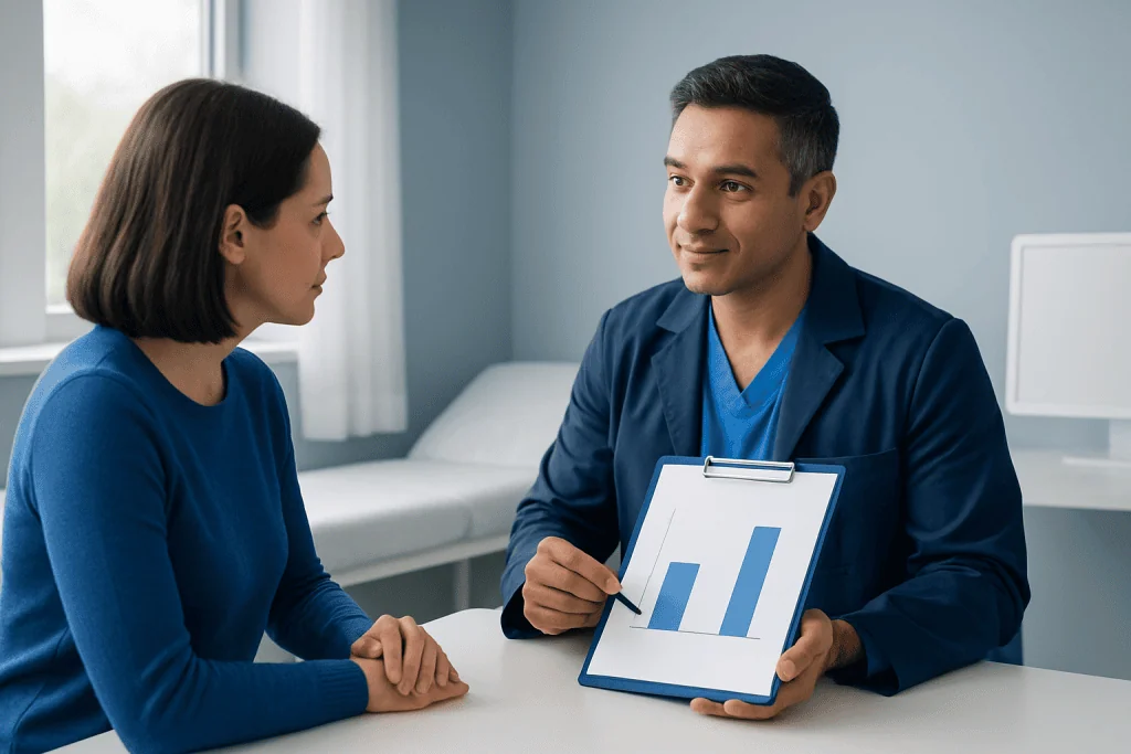 Doctor explaining blood test results to a patient in a medical office.