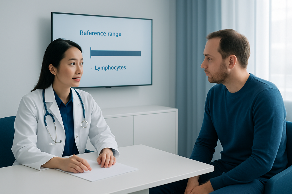 Doctor explaining lymphocyte reference range to patient in consultation room.