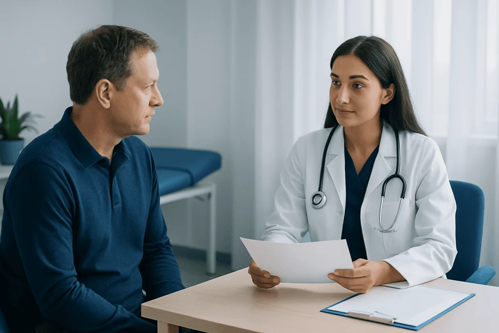 Doctor consulting with patient in a medical office setting.