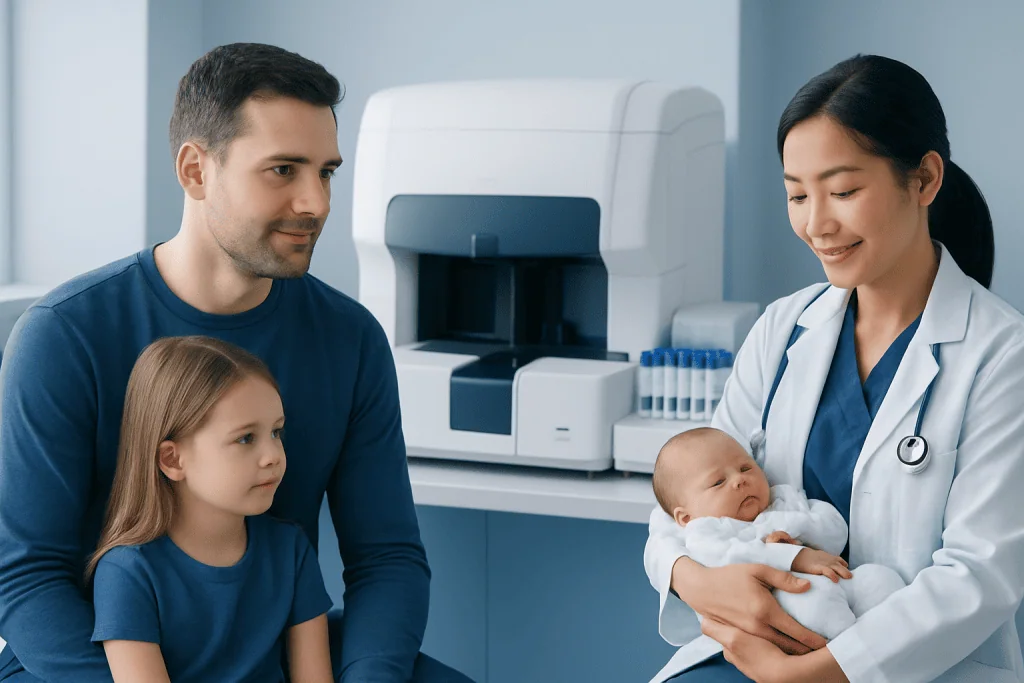 Doctor holding a newborn with family in a hospital setting.