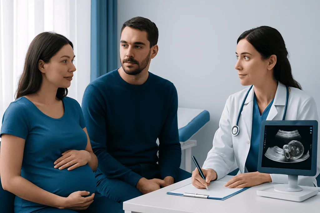 Pregnant woman consulting with doctor and partner in hospital.