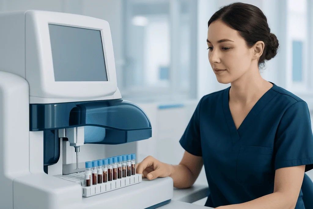 Laboratory technician preparing blood samples for analysis at a modern lab.
