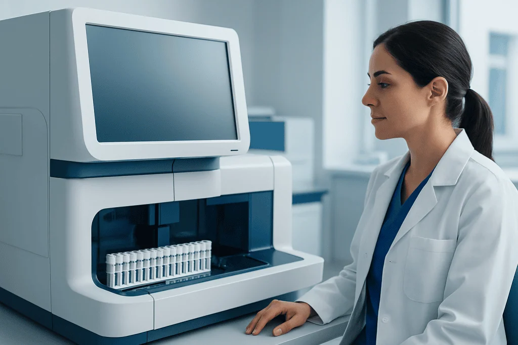 Laboratory technician operating a blood analysis machine at a hospital.