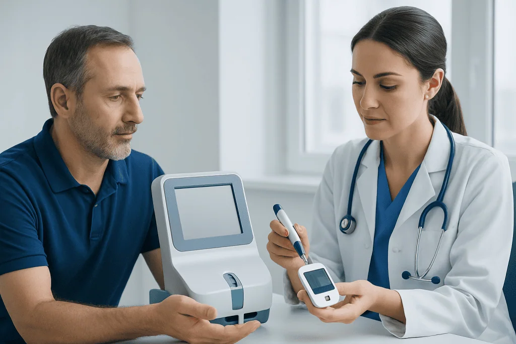 Doctor explaining blood sugar testing device to patient in clinic.