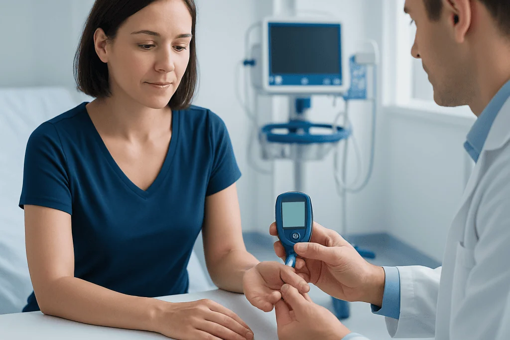 Doctor checking blood glucose levels of a female patient in hospital.