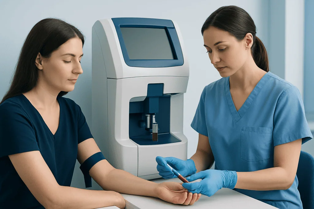 Medical professionals performing a blood test with a Co2 blood analyzer.
