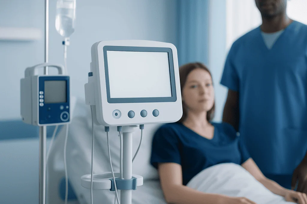 Hospital patient monitor in a medical setting with a patient and healthcare professional.