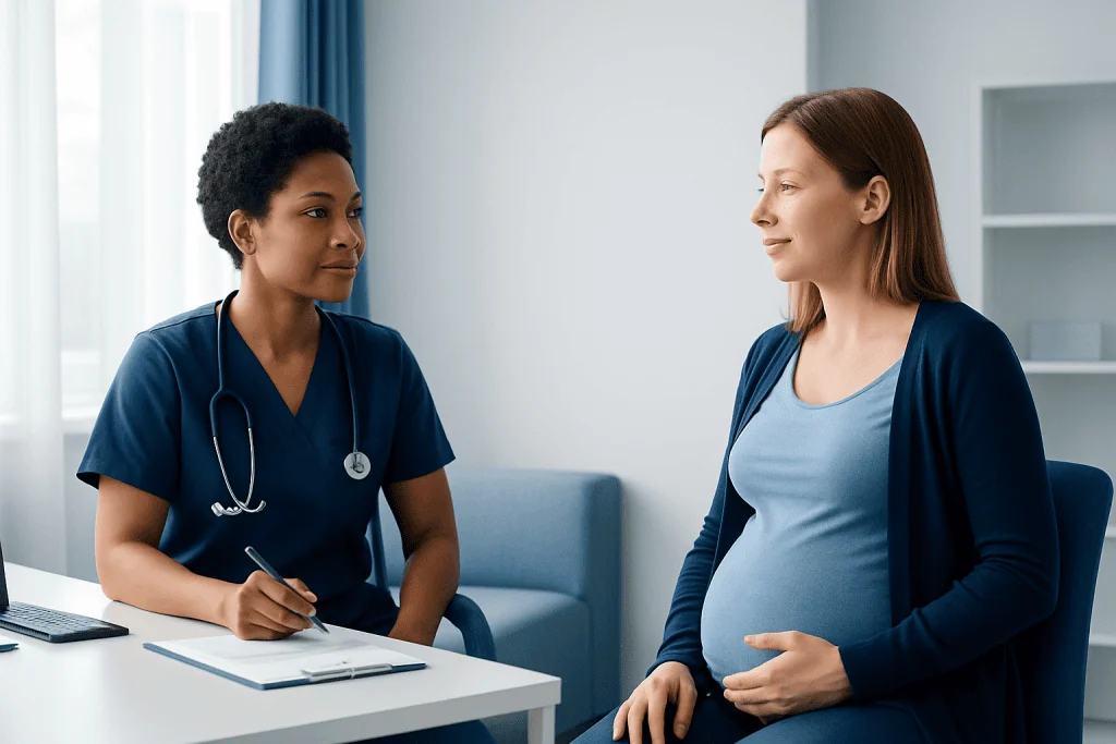 Pregnant woman consulting with a healthcare professional in a clinic setting.
