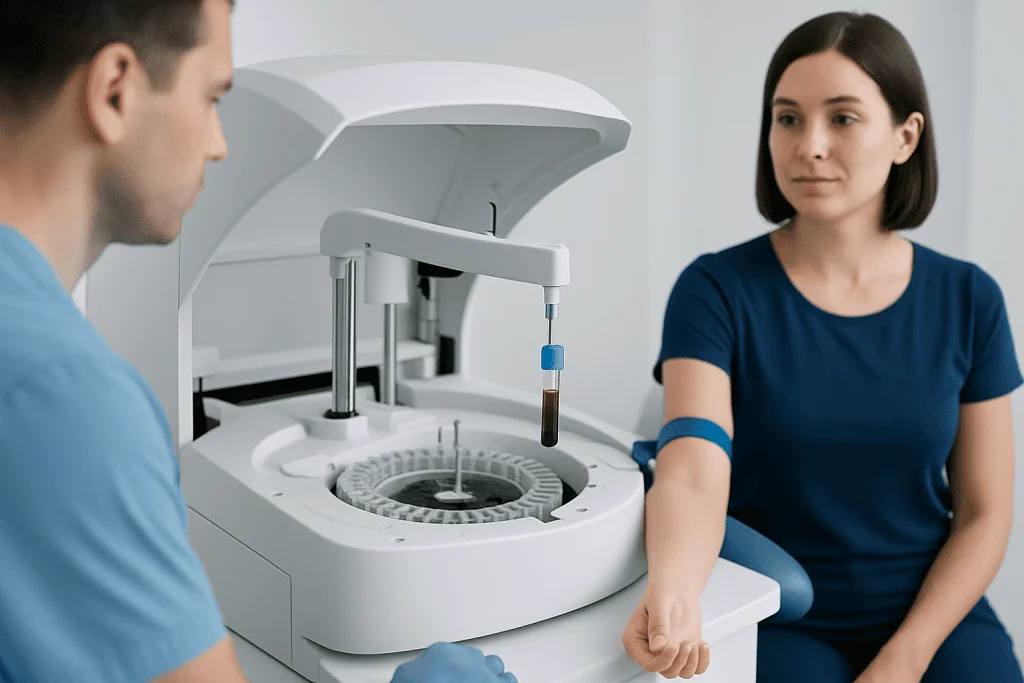 Blood sample being analyzed in a medical laboratory setting.