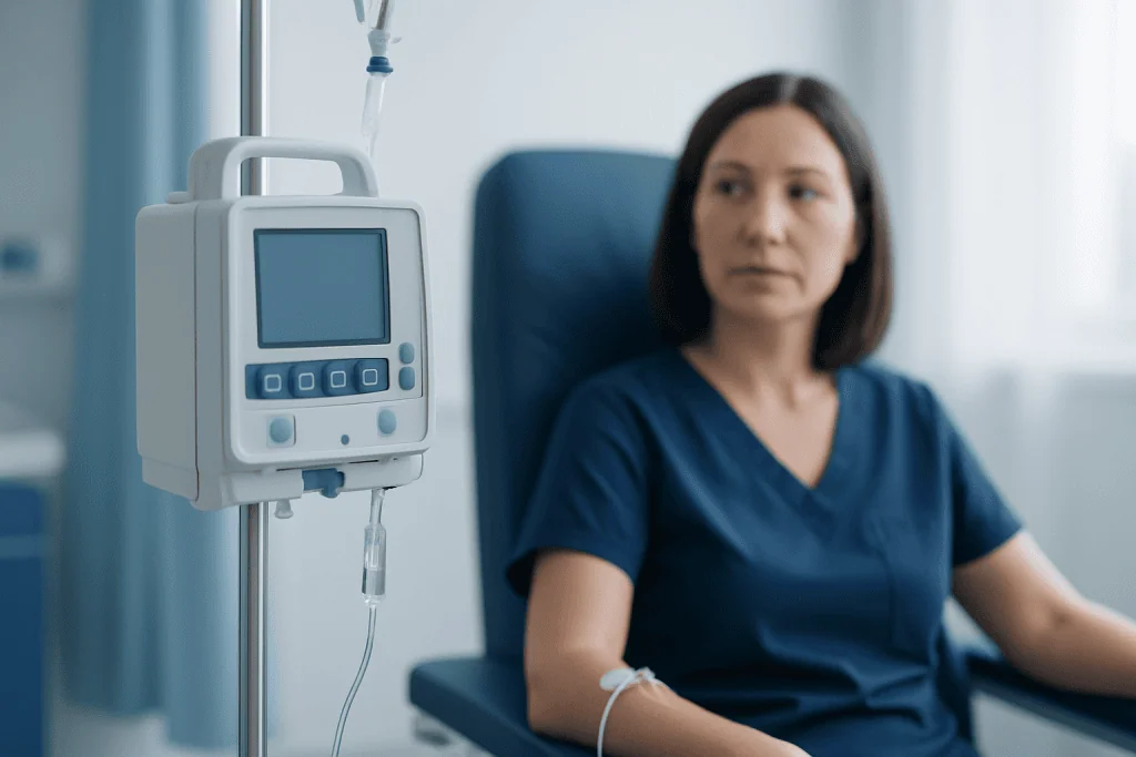 Patient receiving IV therapy in a hospital setting at Acibadem Hospitals Group.