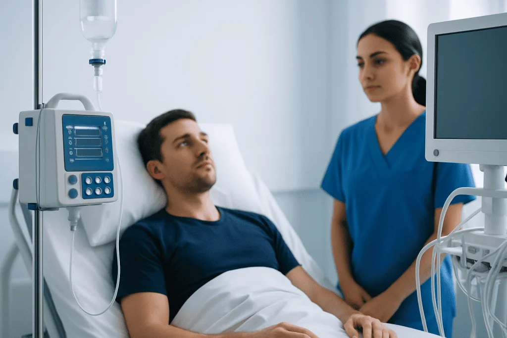 Patient in hospital bed with medical staff and equipment.