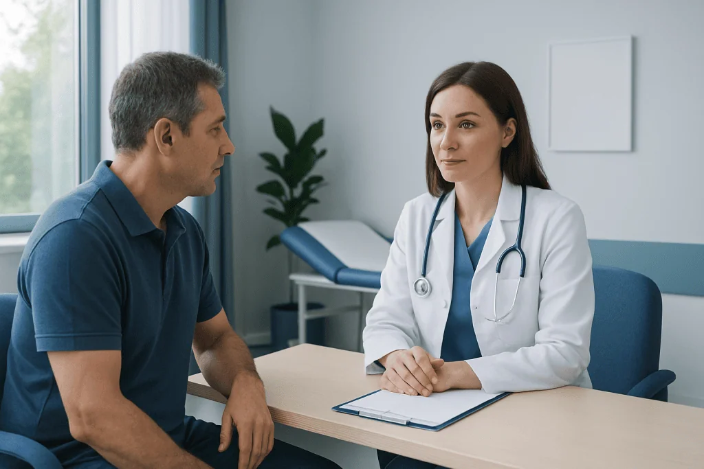 Doctor consulting with patient in a medical office setting.