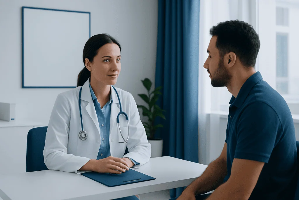 Doctor consulting with patient in a medical office setting.