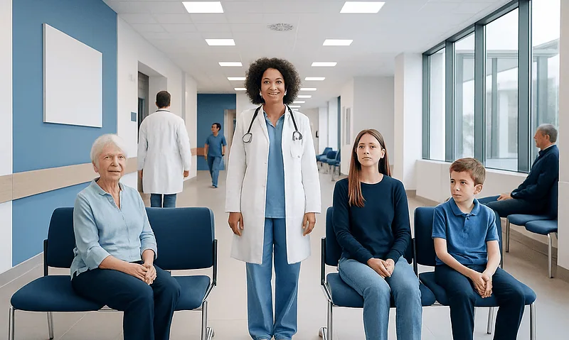 Normal TSH by Age: Charts, Ranges, and What Your Numbers Mean 16 Diverse patients waiting in a hospital corridor with a doctor and nurse.