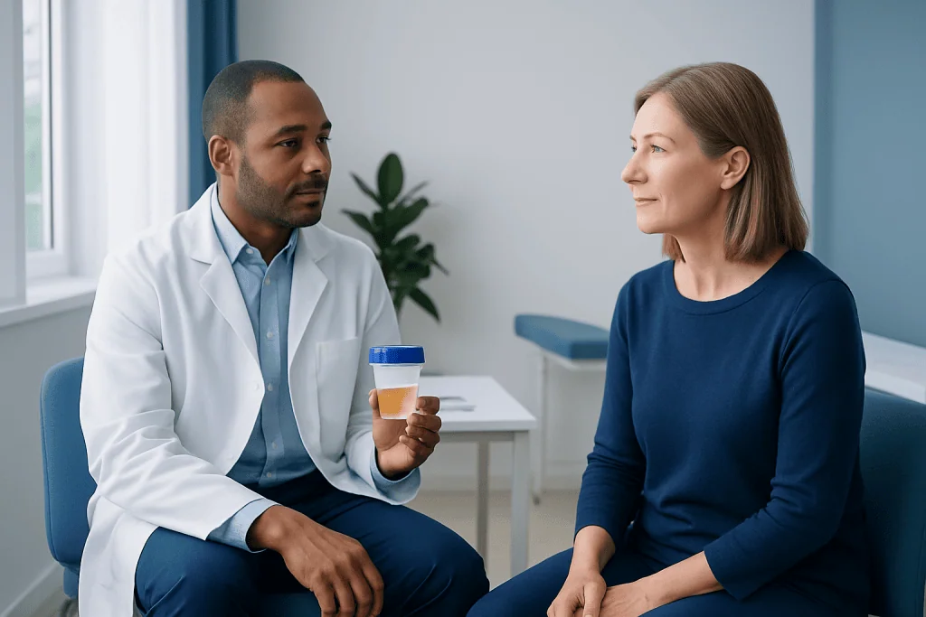 Doctor explaining urine test results to a patient in a medical consultation.