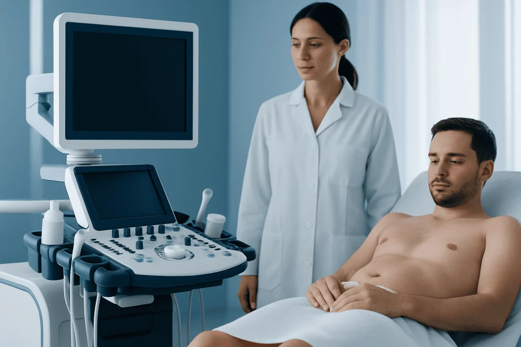 Medical examination of a male patient using ultrasound equipment at a hospital.