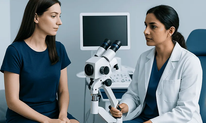 Doctor explains vaginal health to patient using a microscope in a clinical setting.