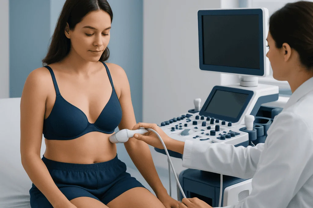 Medical examination of a woman with breast ultrasound at a clinic.