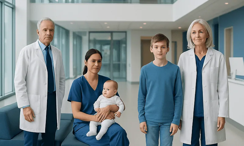 Normal White blood cell count by Age: Charts, Ranges, and What Your Numbers Mean 17 Medical team with a young patient in a hospital lobby.