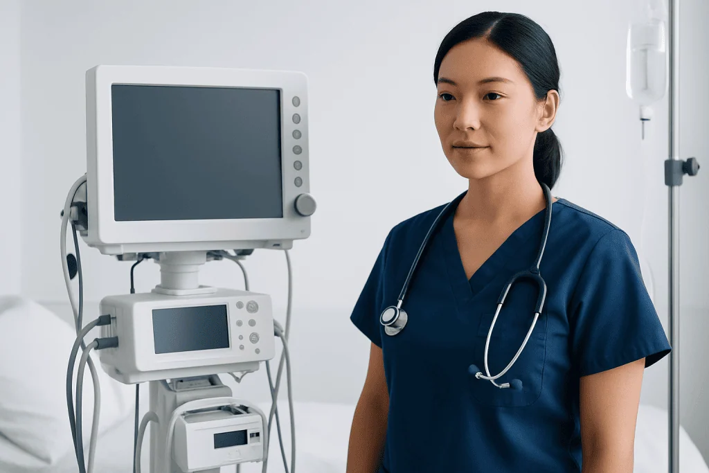 Nurse in navy scrubs with stethoscope beside medical monitors in hospital.