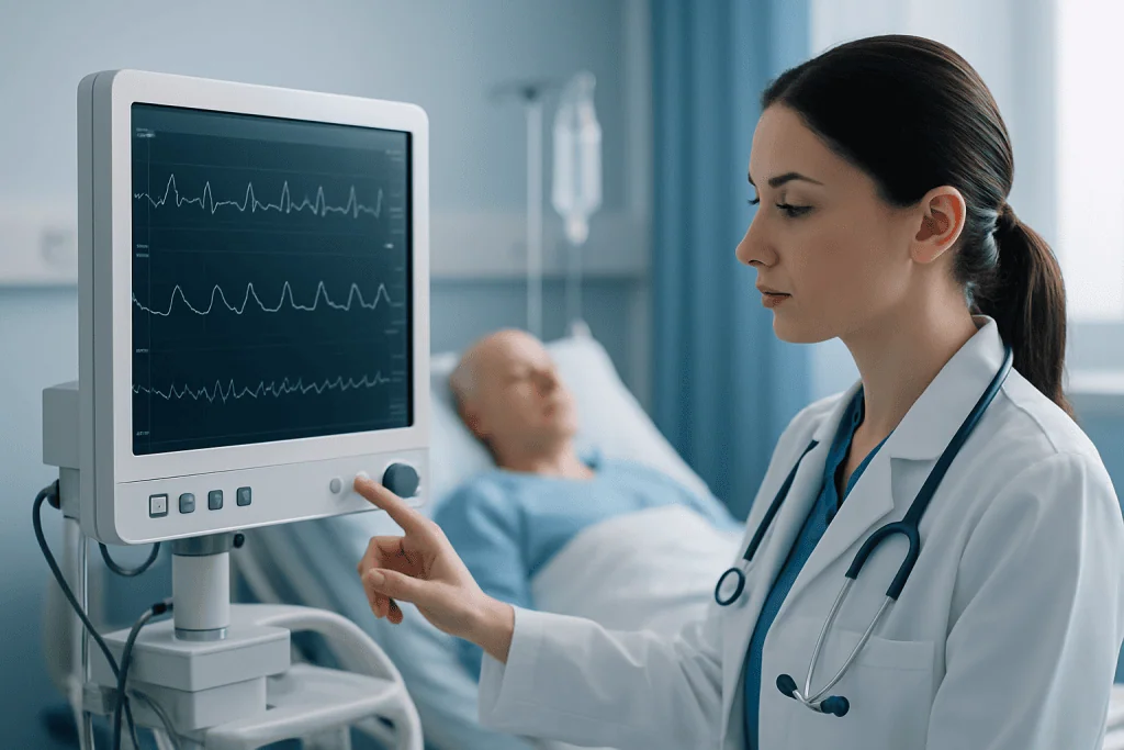 Doctor monitoring patient with medical equipment in hospital room.