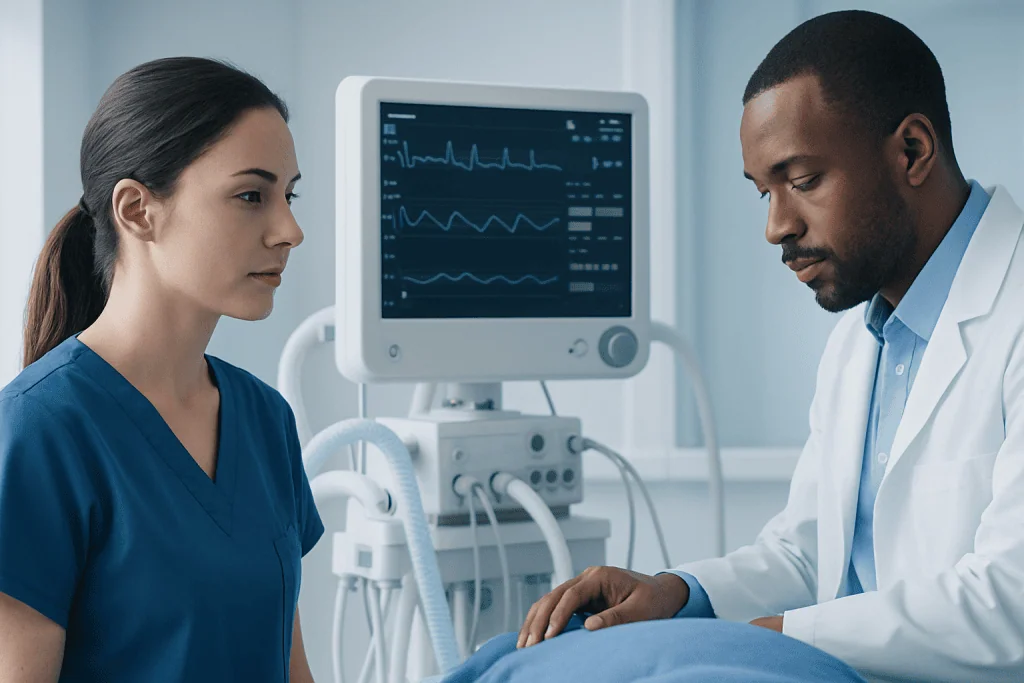 Medical professionals monitoring patient with ECG in hospital setting.