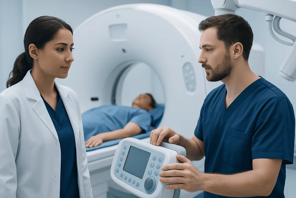 Medical professionals preparing for an MRI scan at Acibadem Hospitals Group.