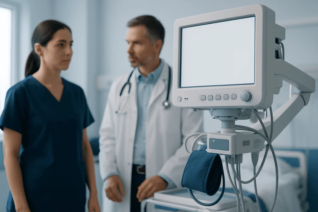 Medical consultation with a doctor and nurse in a hospital setting.