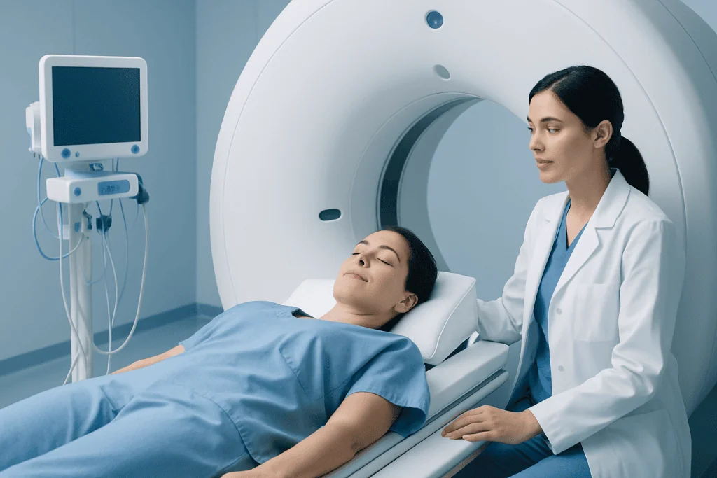 Patient undergoing MRI scan at Acibadem Hospital for advanced medical imaging.