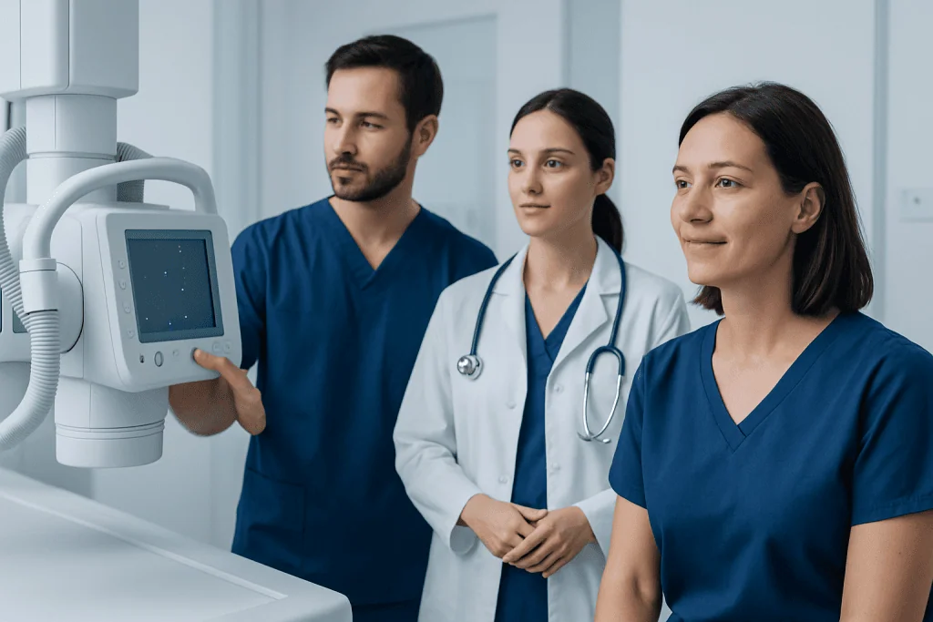 Medical team operating advanced diagnostic imaging equipment in hospital.
