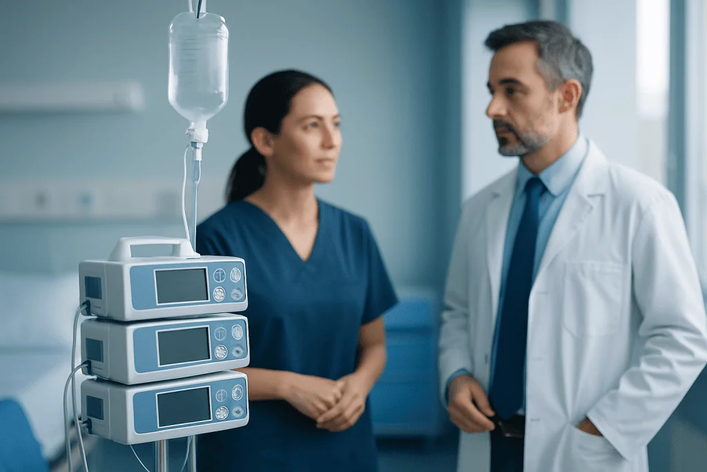 Medical professionals discussing patient care in hospital room with IV equipment.