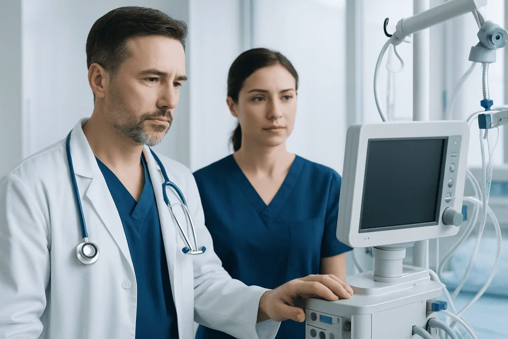 Medical professionals operating a patient monitor in a hospital setting.
