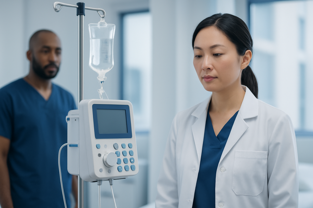 Medical professionals monitor IV infusion in a hospital setting.