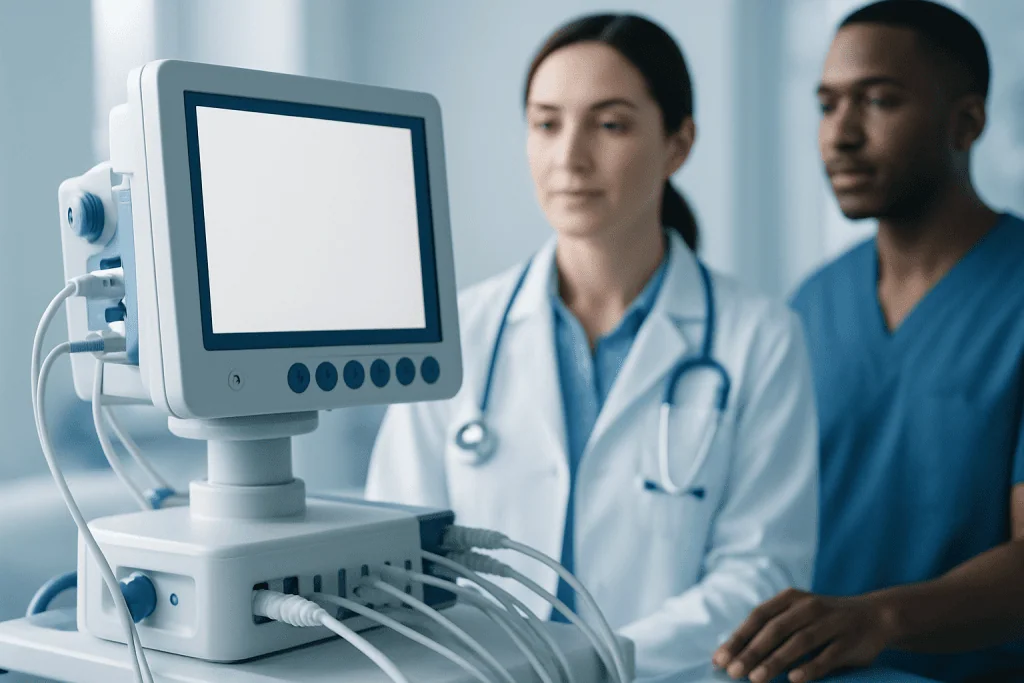 Medical professionals monitoring patient data on a hospital monitor.