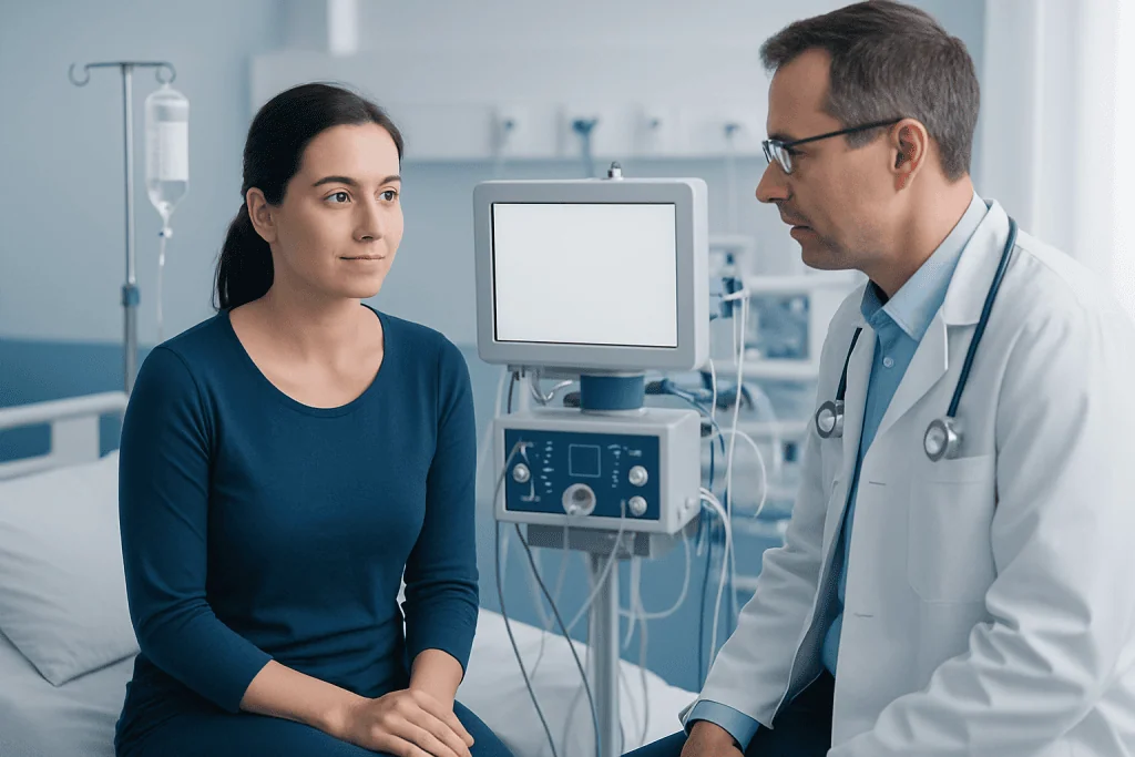 Doctor consulting a patient in a hospital room with medical equipment.