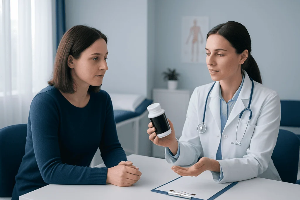 Doctor explaining supplement benefits to a patient in a clinic setting.