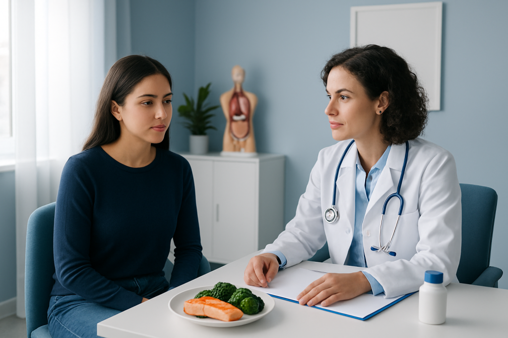 Doctor consulting with a patient in a medical office with healthy food on the table.