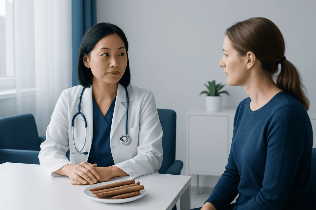 Doctor consulting with patient in a medical office setting.