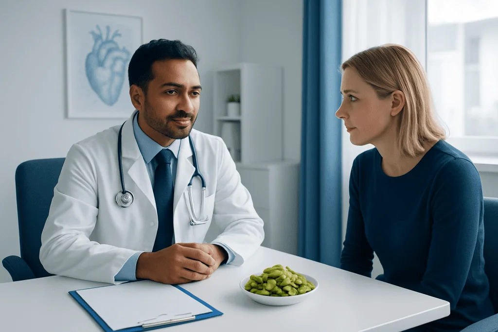 Doctor consulting a patient in a medical office with a bowl of green grapes.