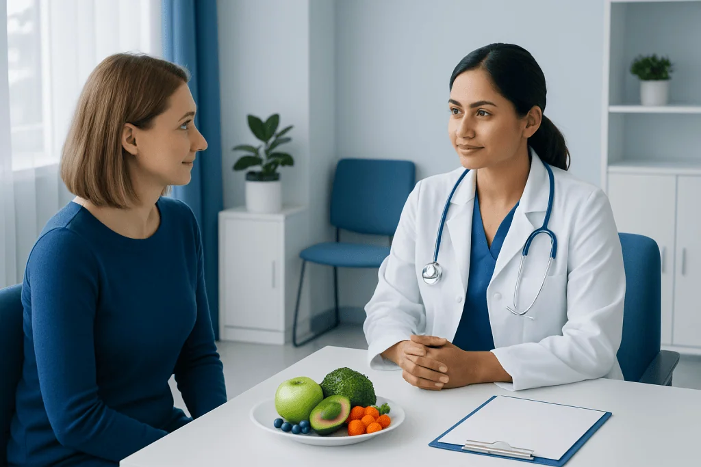 Doctor consulting a patient about healthy lifestyle choices in a clinic.