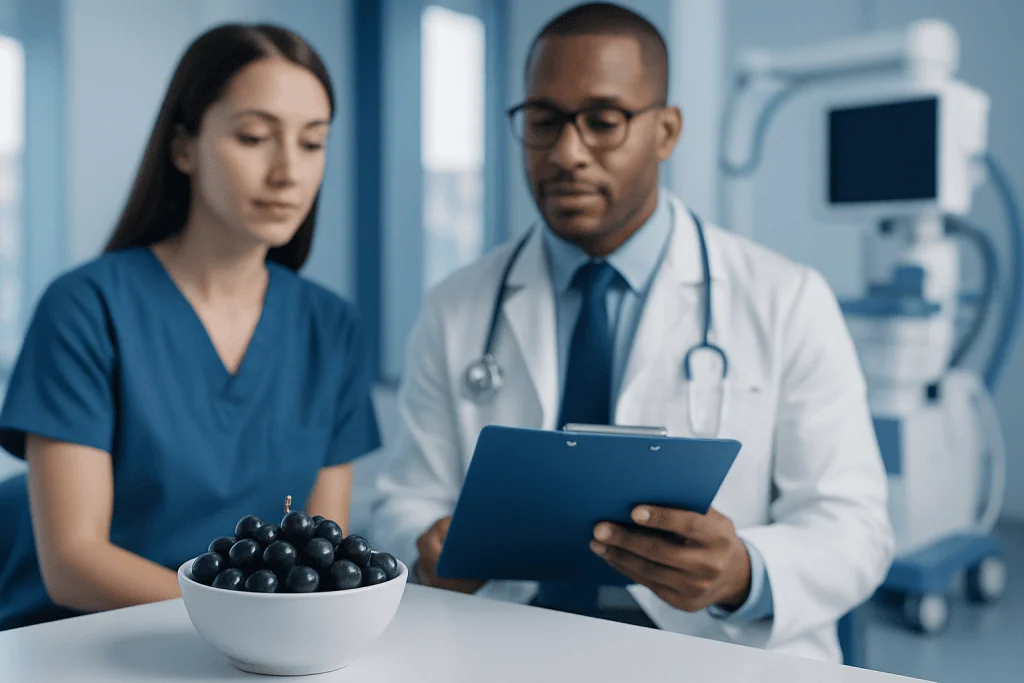 Doctor and nurse reviewing patient data with a bowl of blackberries in the foreground.