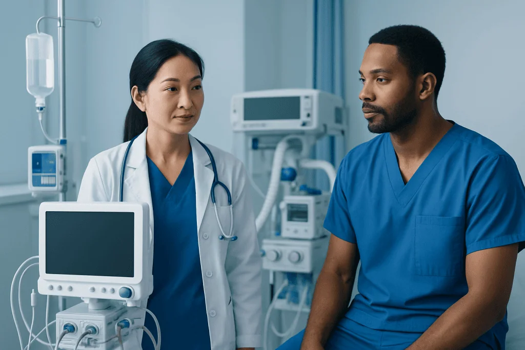 Medical professionals discussing patient care in hospital setting.