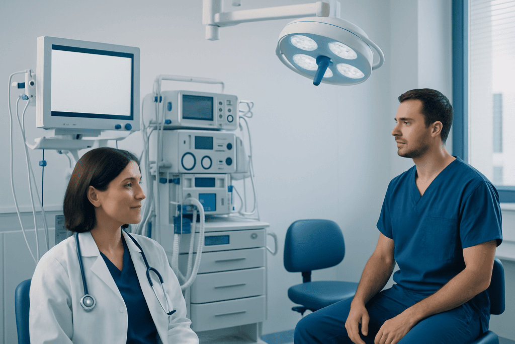 Medical consultation in a hospital with doctor and patient in blue scrubs.
