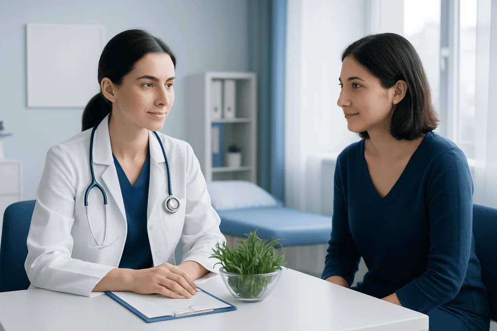 Doctor consulting with a patient in a modern medical office.