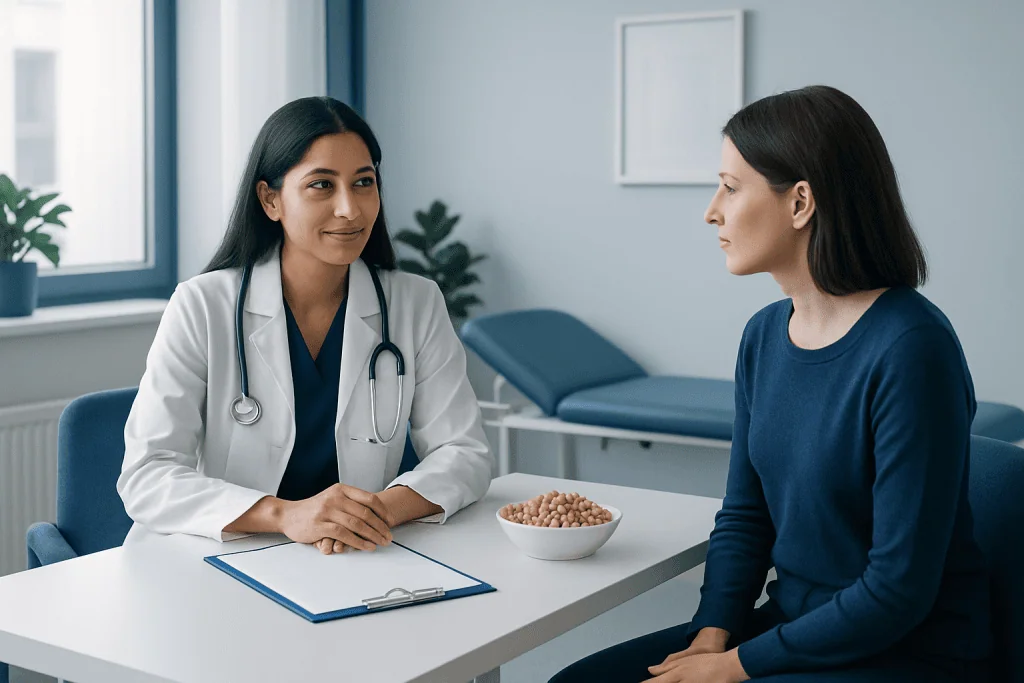 Doctor consulting with patient in a modern medical office.