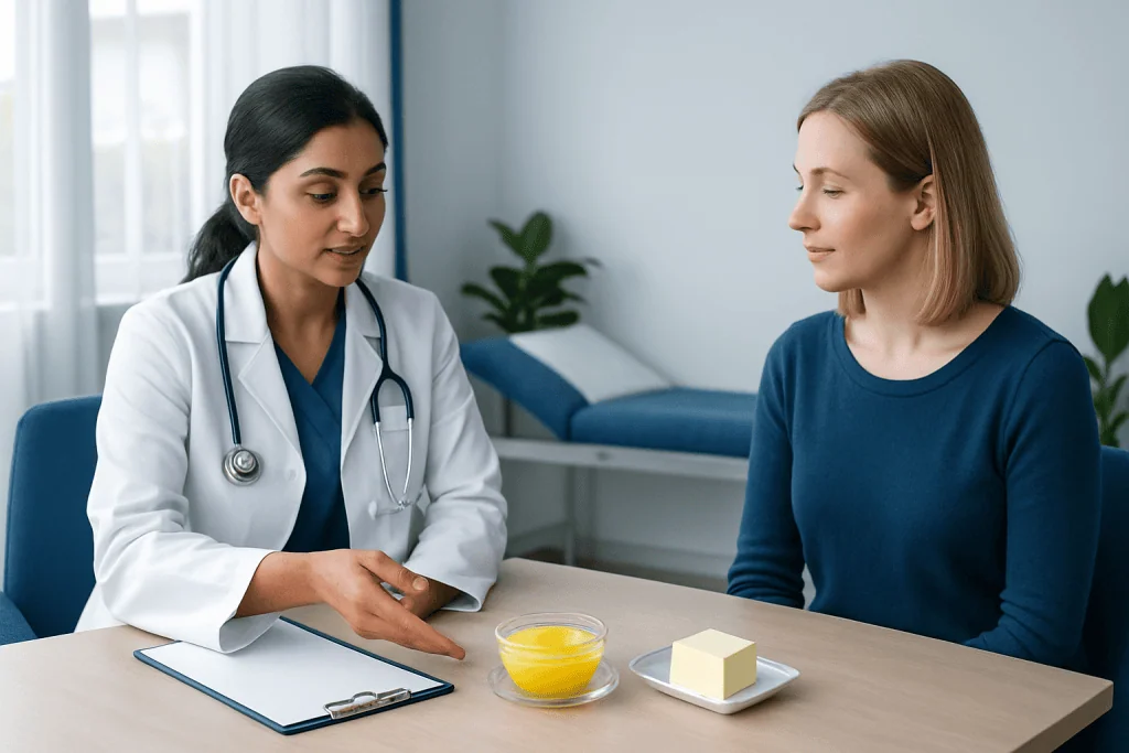 Doctor explaining dietary fats to a patient in a clinical setting.