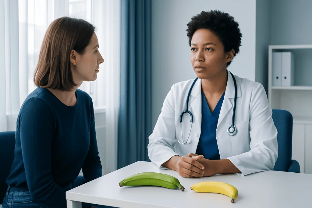 Doctor discussing with patient about plantains and bananas in a medical setting.
