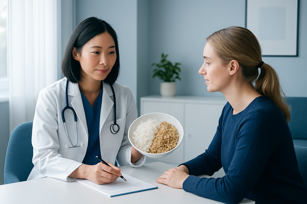 Doctor explaining rice types to a patient in a clinic setting.