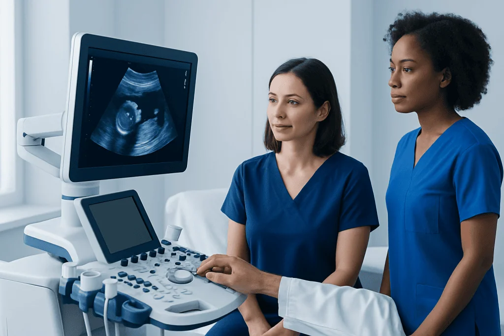 Medical professionals performing an ultrasound scan at Acibadem Hospital.