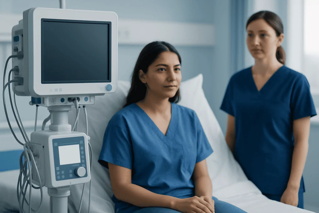 Two healthcare professionals in a hospital room with medical equipment.